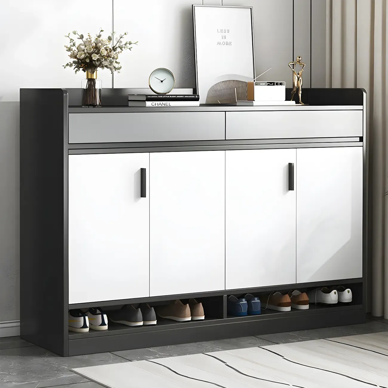 Modern Grey Shoe Cabinet with Open Base Storage Image - 8