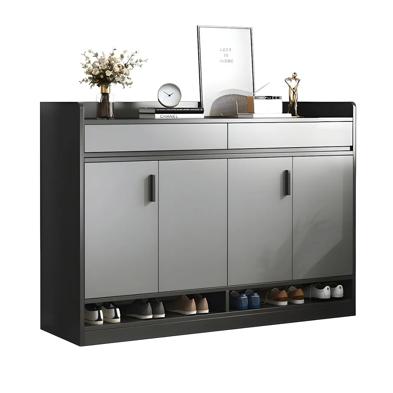 Modern Grey Shoe Cabinet with Open Base Storage Image - 9 | homeyfad