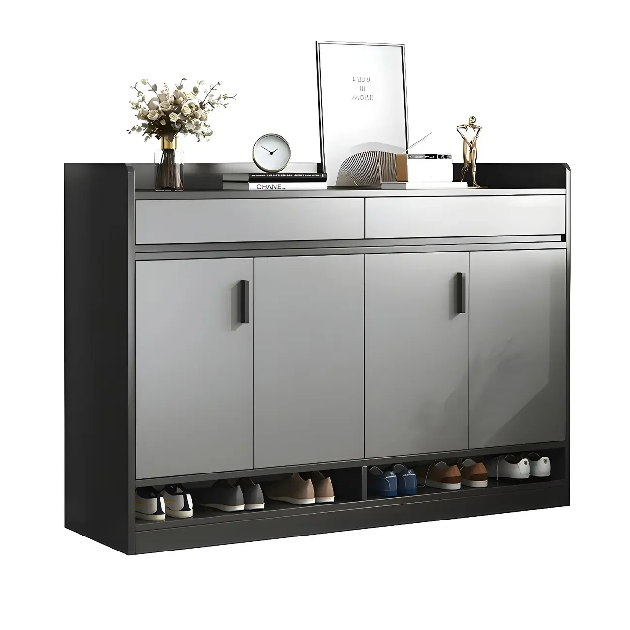 Modern Grey Shoe Cabinet with Open Base Storage Image - 9