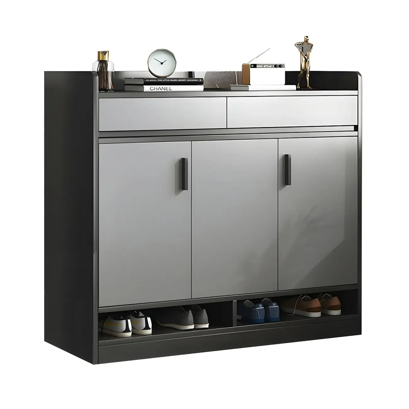 Modern Grey Shoe Cabinet with Open Base Storage Image - 11
