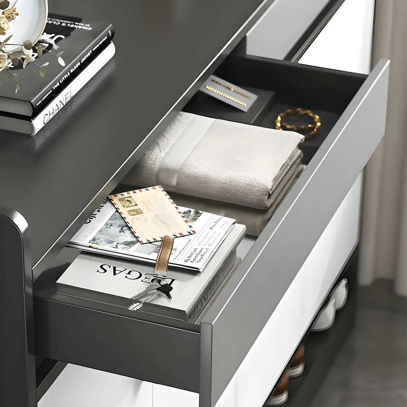 Modern Grey Shoe Cabinet with Open Base Storage Image - 15