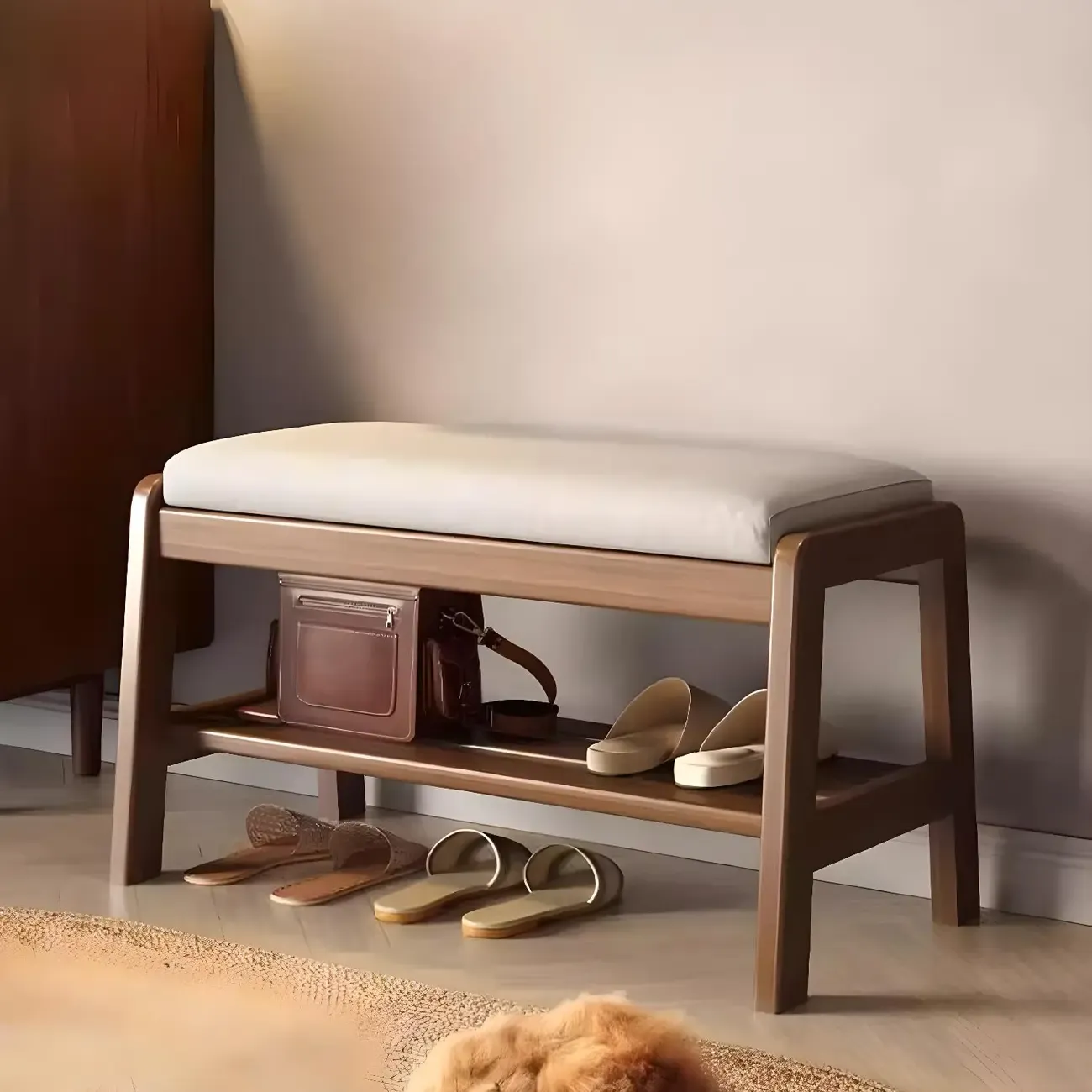 Entryway Solid Wood Cushioned Trapezoid Shoe Bench Image - 1