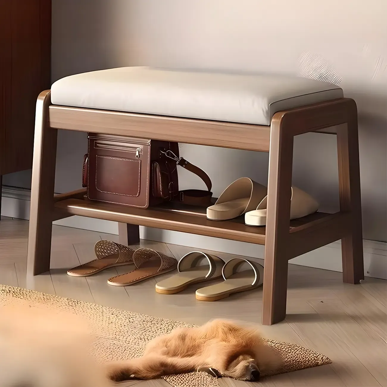 Entryway Solid Wood Cushioned Trapezoid Shoe Bench Image - 2