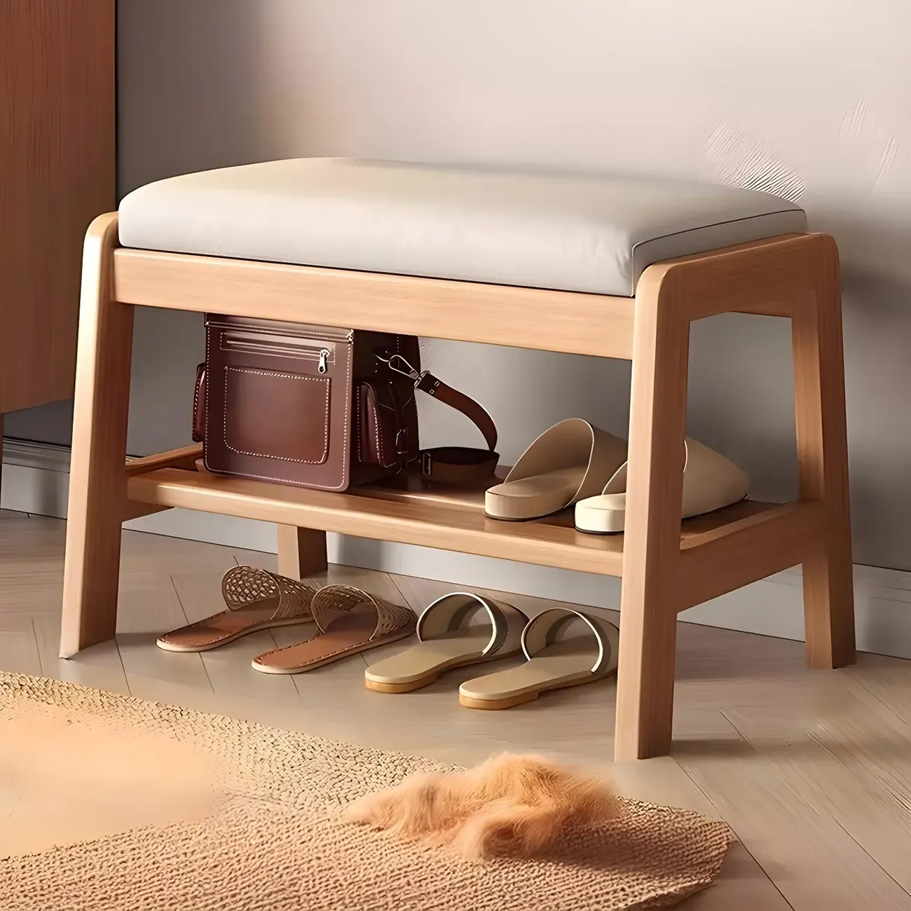 Entryway Solid Wood Cushioned Trapezoid Shoe Bench Image - 3