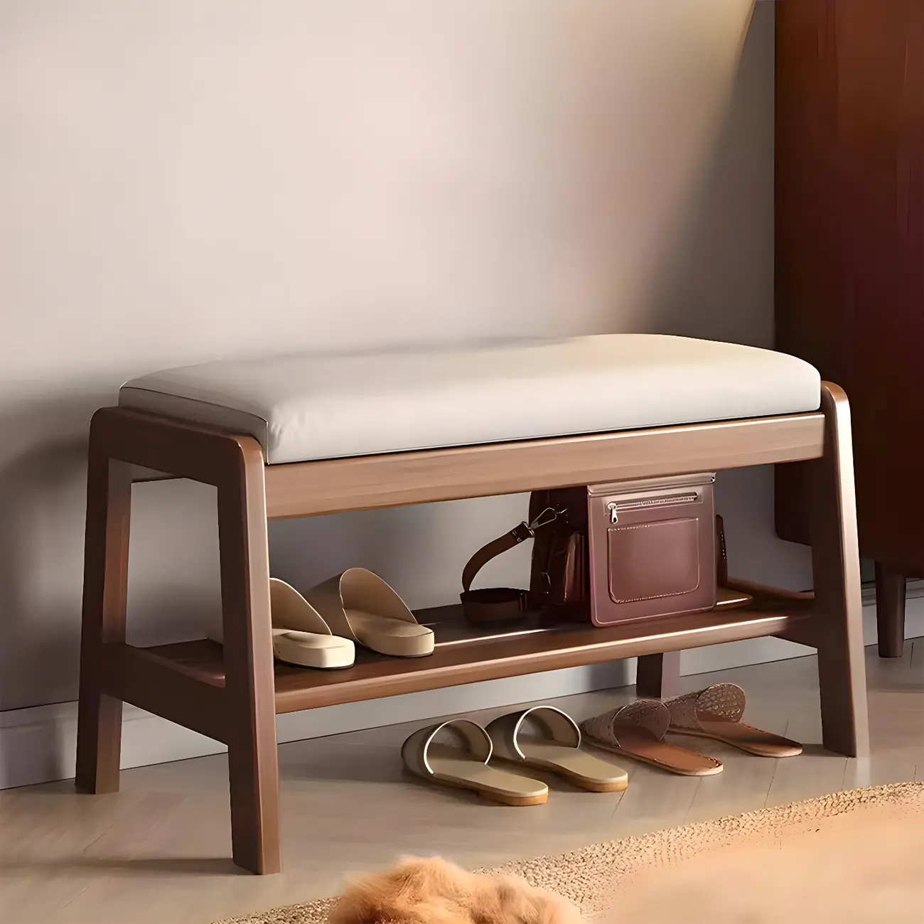 Entryway Solid Wood Cushioned Trapezoid Shoe Bench Image - 4 | homeyfad