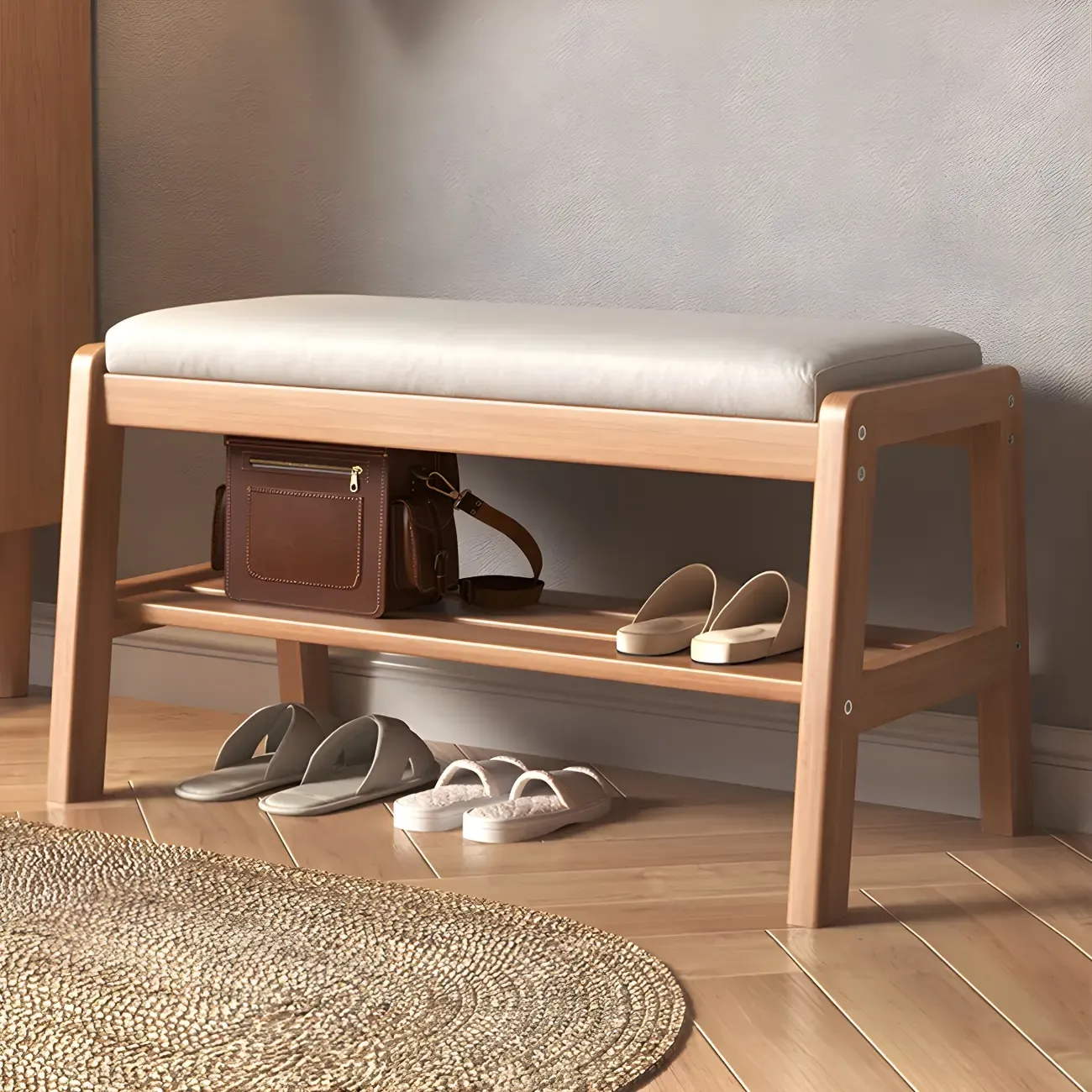 Entryway Solid Wood Cushioned Trapezoid Shoe Bench Image - 5