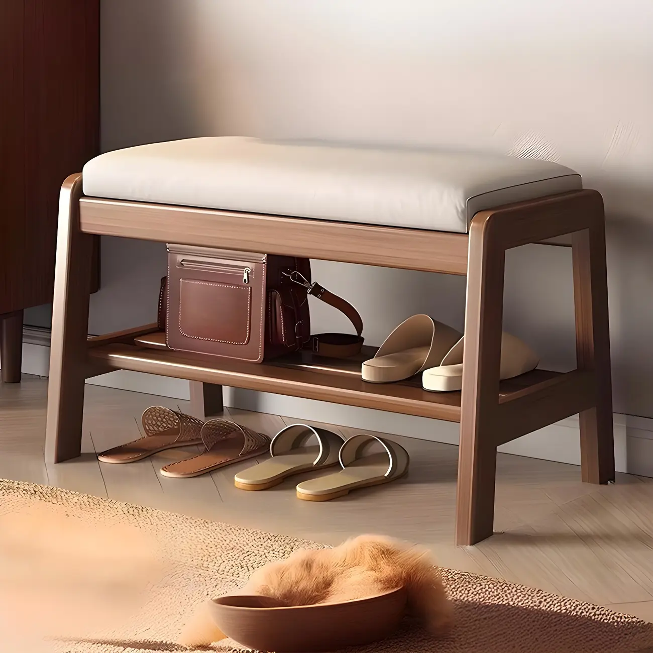 Entryway Solid Wood Cushioned Trapezoid Shoe Bench Image - 6 | homeyfad