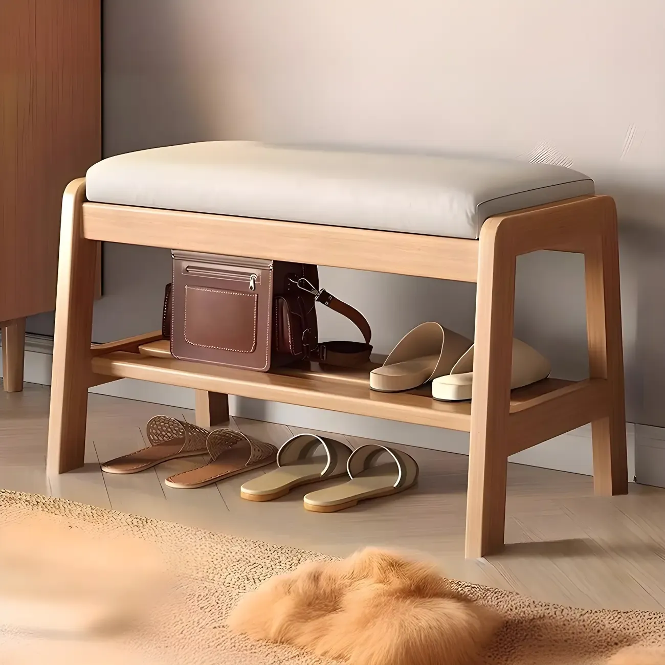Entryway Solid Wood Cushioned Trapezoid Shoe Bench Image - 7
