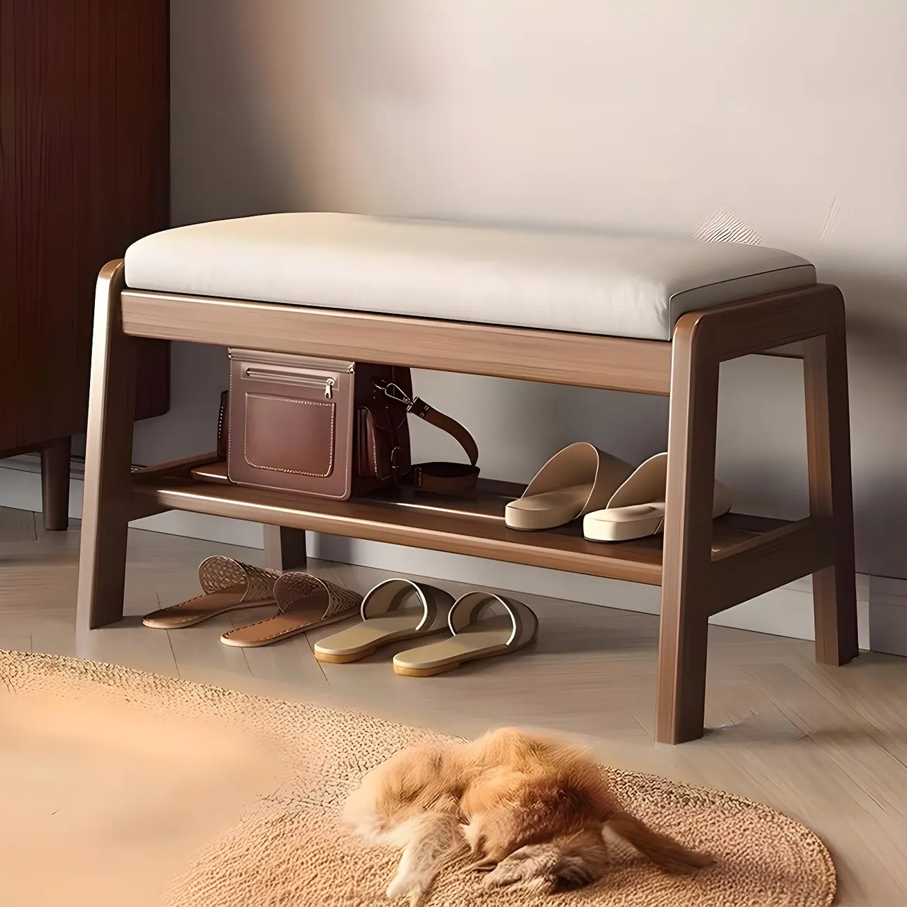 Entryway Solid Wood Cushioned Trapezoid Shoe Bench Image - 9 | homeyfad