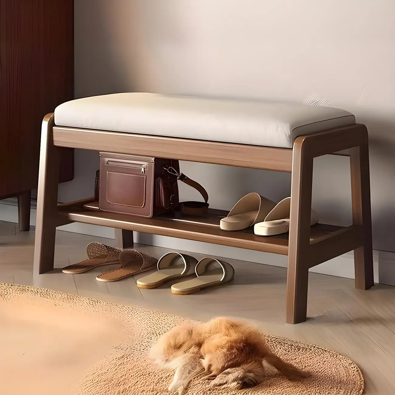 Entryway Solid Wood Cushioned Trapezoid Shoe Bench Image - 9