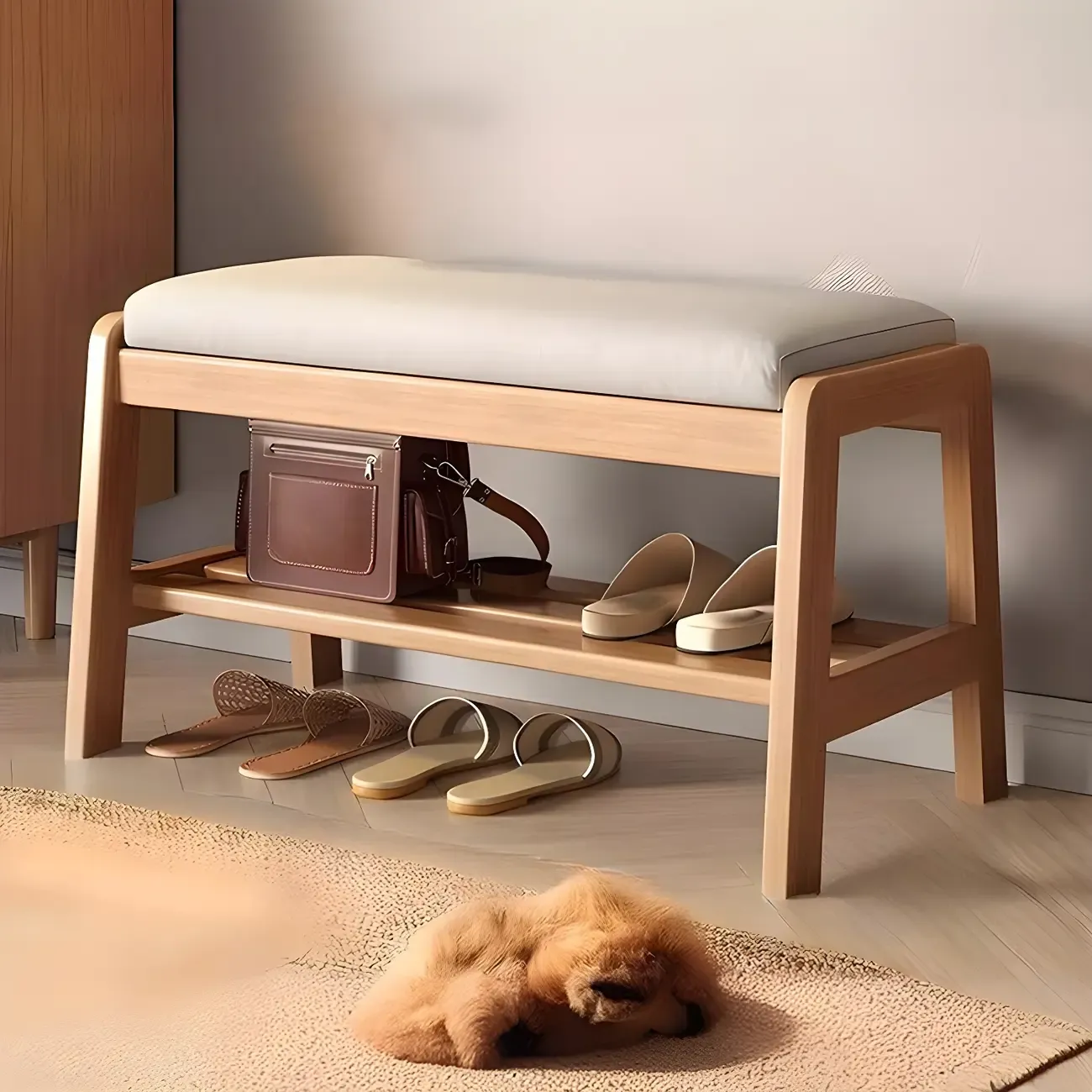 Entryway Solid Wood Cushioned Trapezoid Shoe Bench Image - 11
