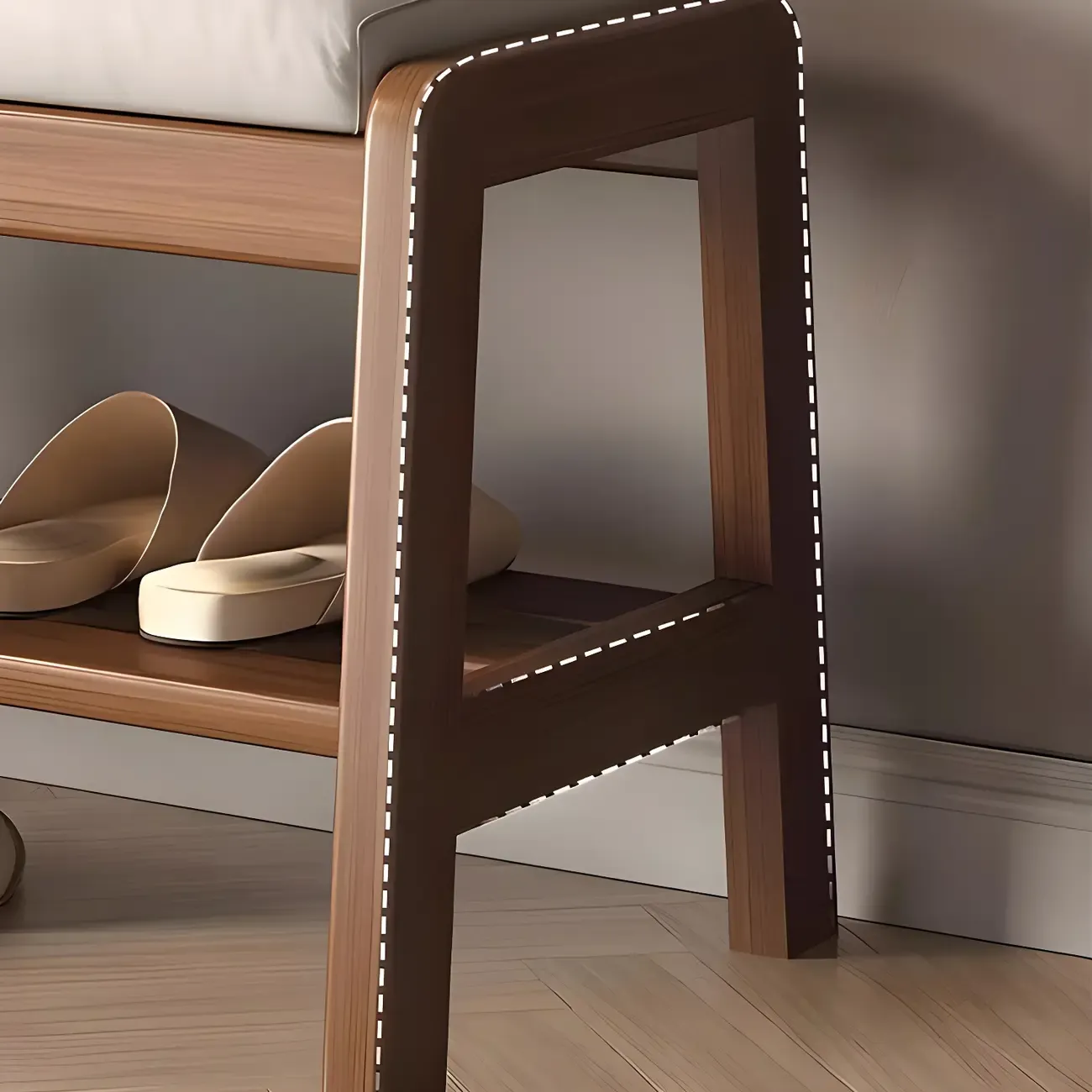 Entryway Solid Wood Cushioned Trapezoid Shoe Bench Image - 12