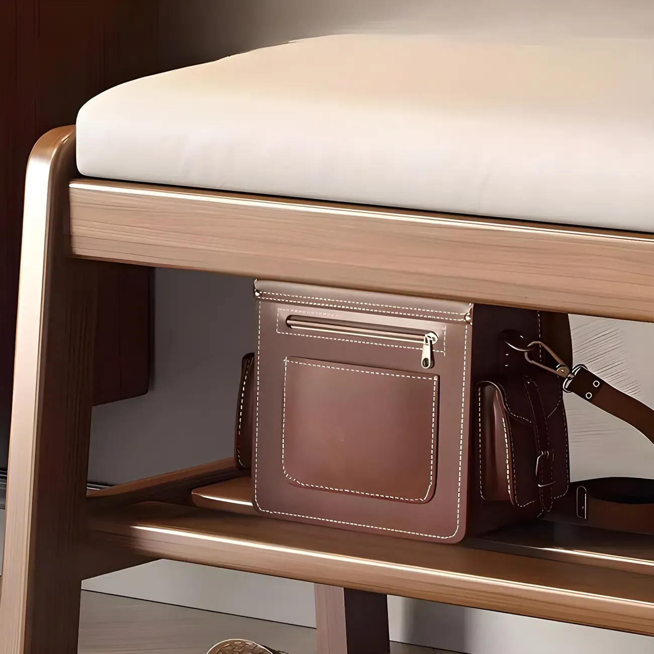 Entryway Solid Wood Cushioned Trapezoid Shoe Bench Image - 14