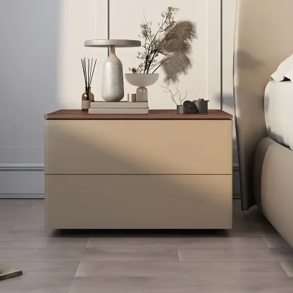 Modern Wood Top Leather Dual-Tone 2 Drawers Nightstand Image - 1