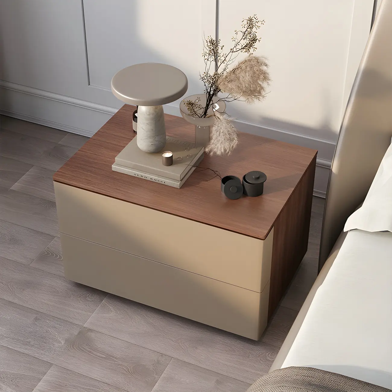 Modern Wood Top Leather Dual-Tone 2 Drawers Nightstand Image - 2 | homeyfad