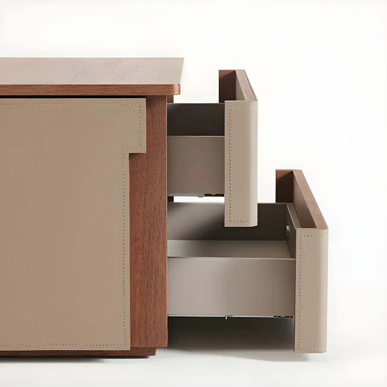 Modern Wood Top Leather Dual-Tone 2 Drawers Nightstand Image - 5