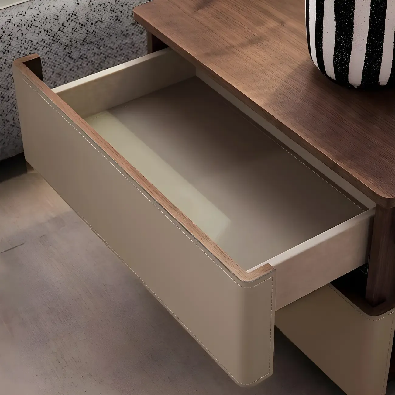 Modern Wood Top Leather Dual-Tone 2 Drawers Nightstand Image - 3