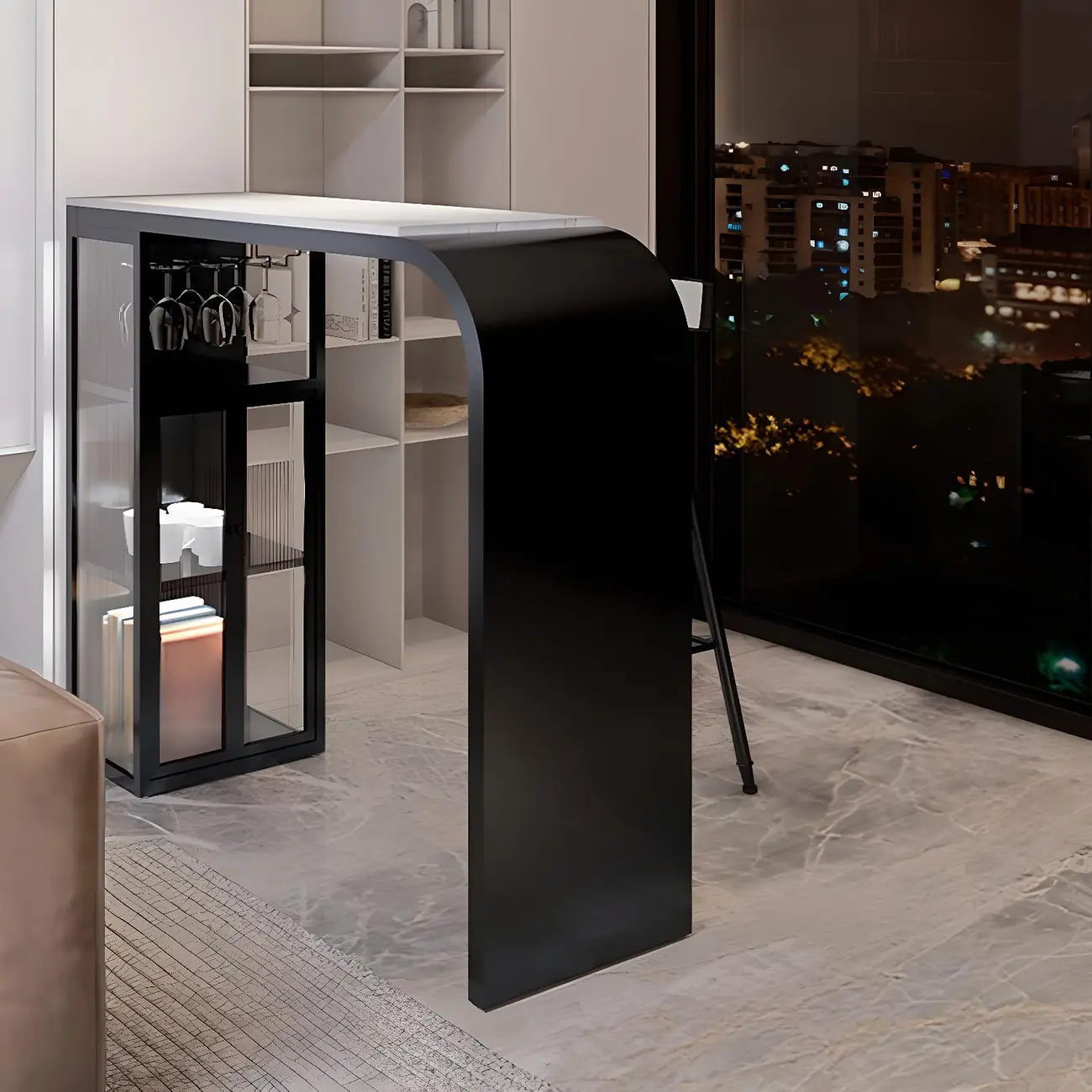 Modern White Stone Top Metal Bar Table with Storage Image - 2 | homeyfad