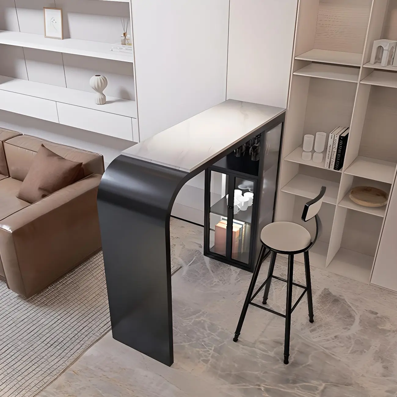 Modern White Stone Top Metal Bar Table with Storage Image - 3 | homeyfad