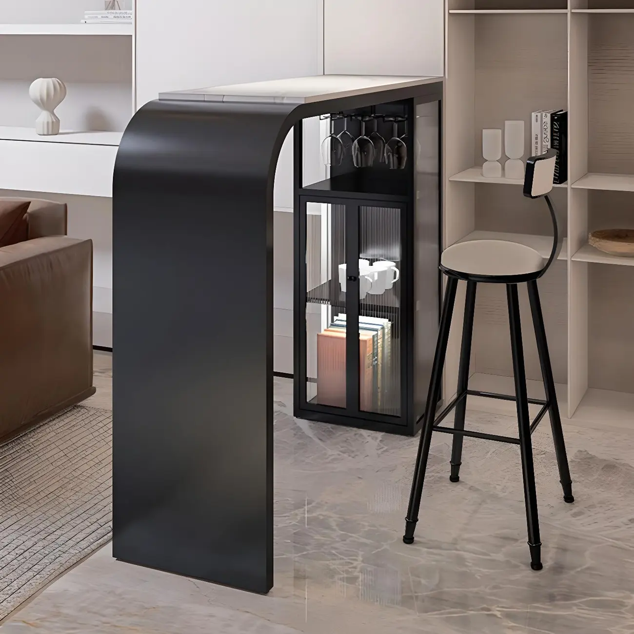 Modern White Stone Top Metal Bar Table with Storage Image - 4 | homeyfad