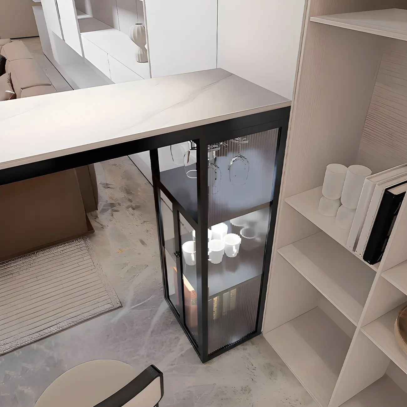 Modern White Stone Top Metal Bar Table with Storage Image - 6 | homeyfad