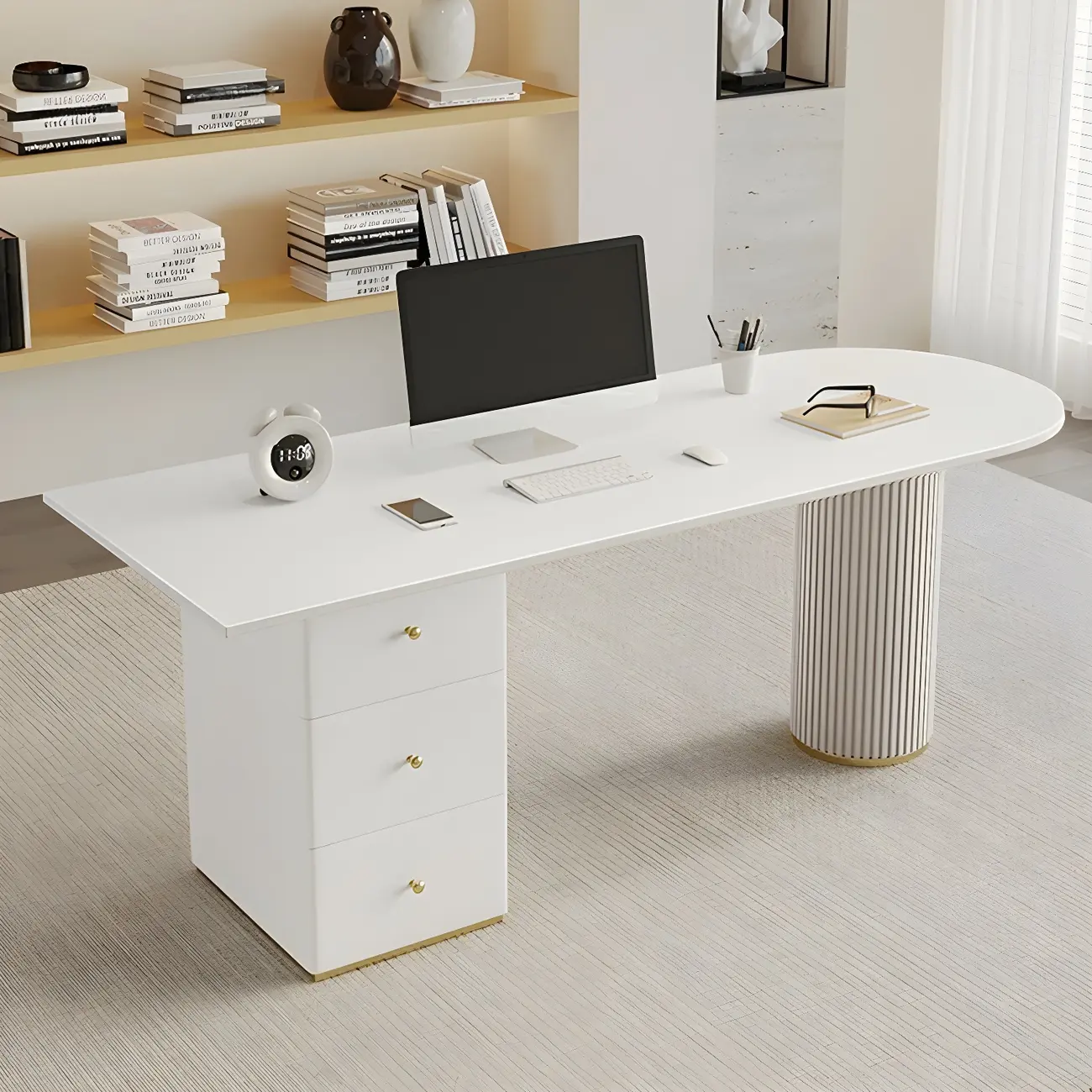 3-Drawers White Peninsula Stone Office Desk Image - 1 | homeyfad