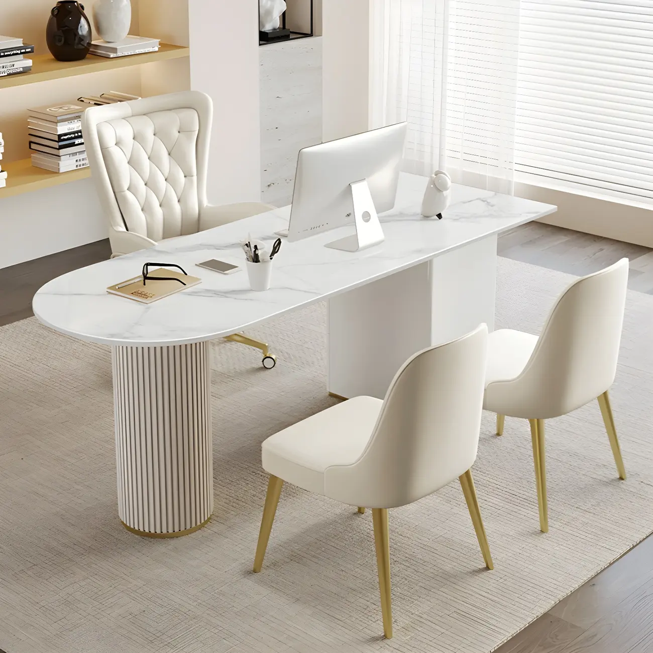 3-Drawers White Peninsula Stone Office Desk Image - 2 | homeyfad
