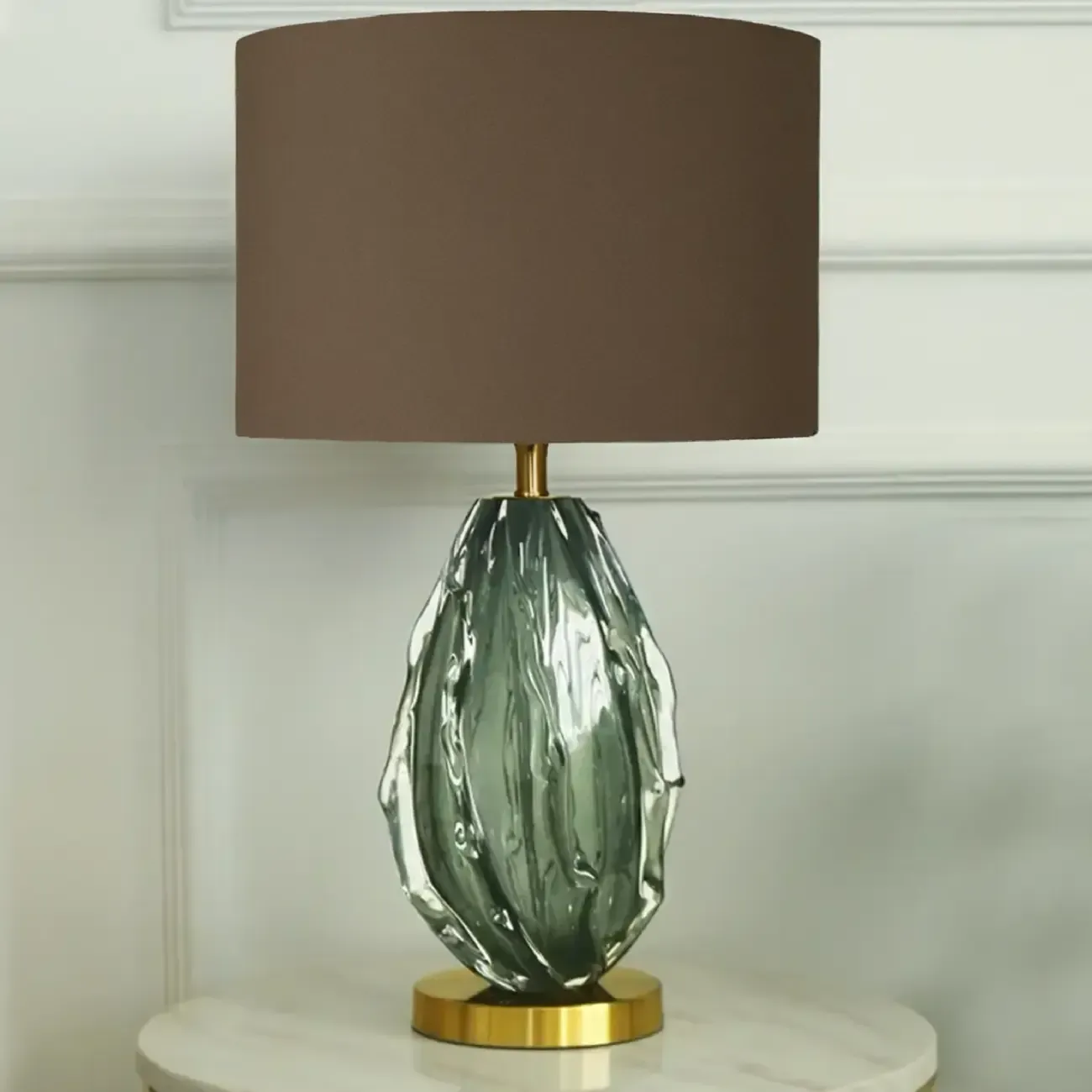 Modern Green Glass Table Lamp with Fabric Shape Image - 2