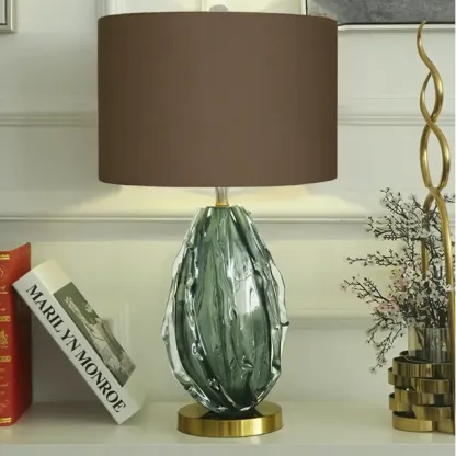 Modern Green Glass Table Lamp with Fabric Shape Image - 1