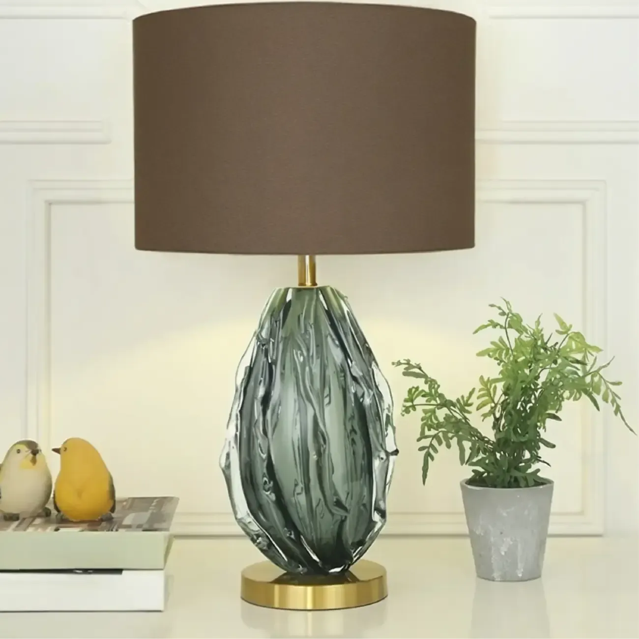 Modern Green Glass Table Lamp with Fabric Shape Image - 3