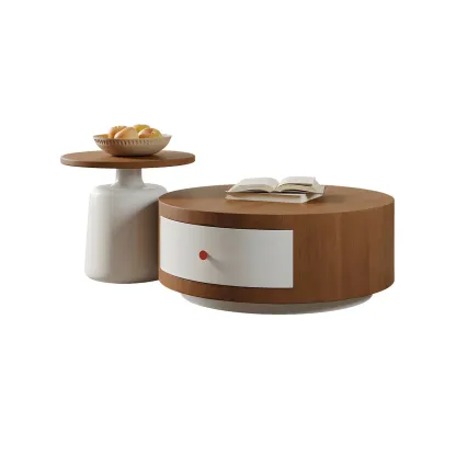 Modern Round Wood Brown Coffee Table with Storage Image - 12