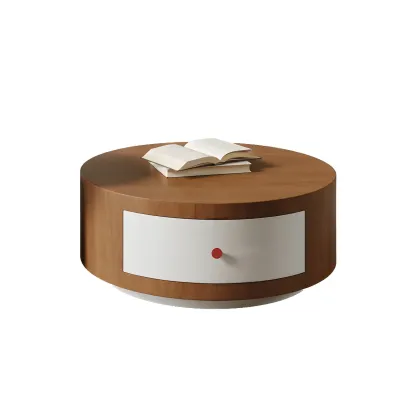 Modern Round Wood Brown Coffee Table with Storage Image - 10