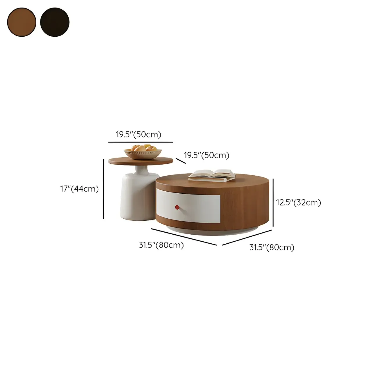 Modern Round Wood Brown Coffee Table with Storage #size