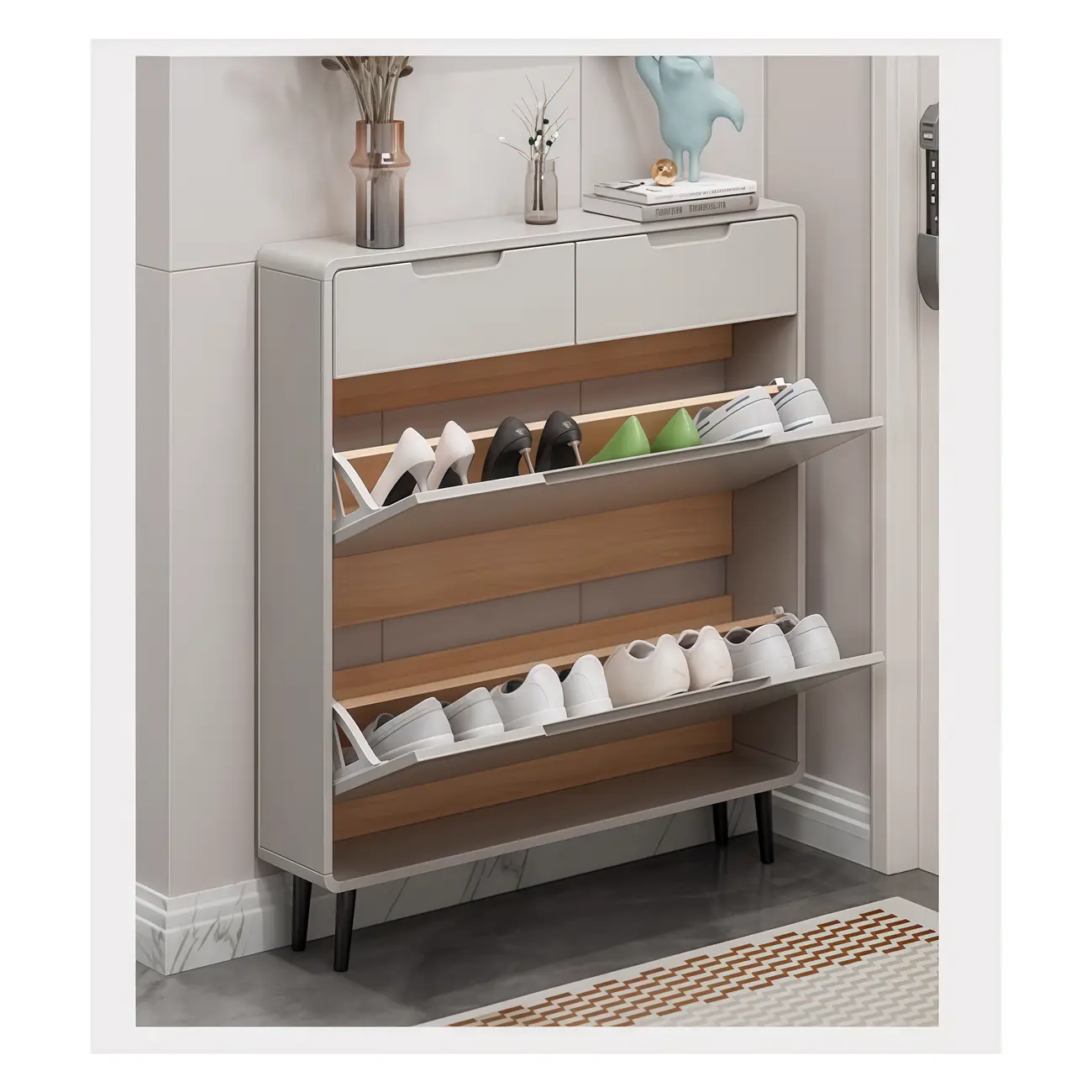 Drop-Front Beige Wood Entryway Shoe Cabinet with 2-Drawer Image - 3 | homeyfad