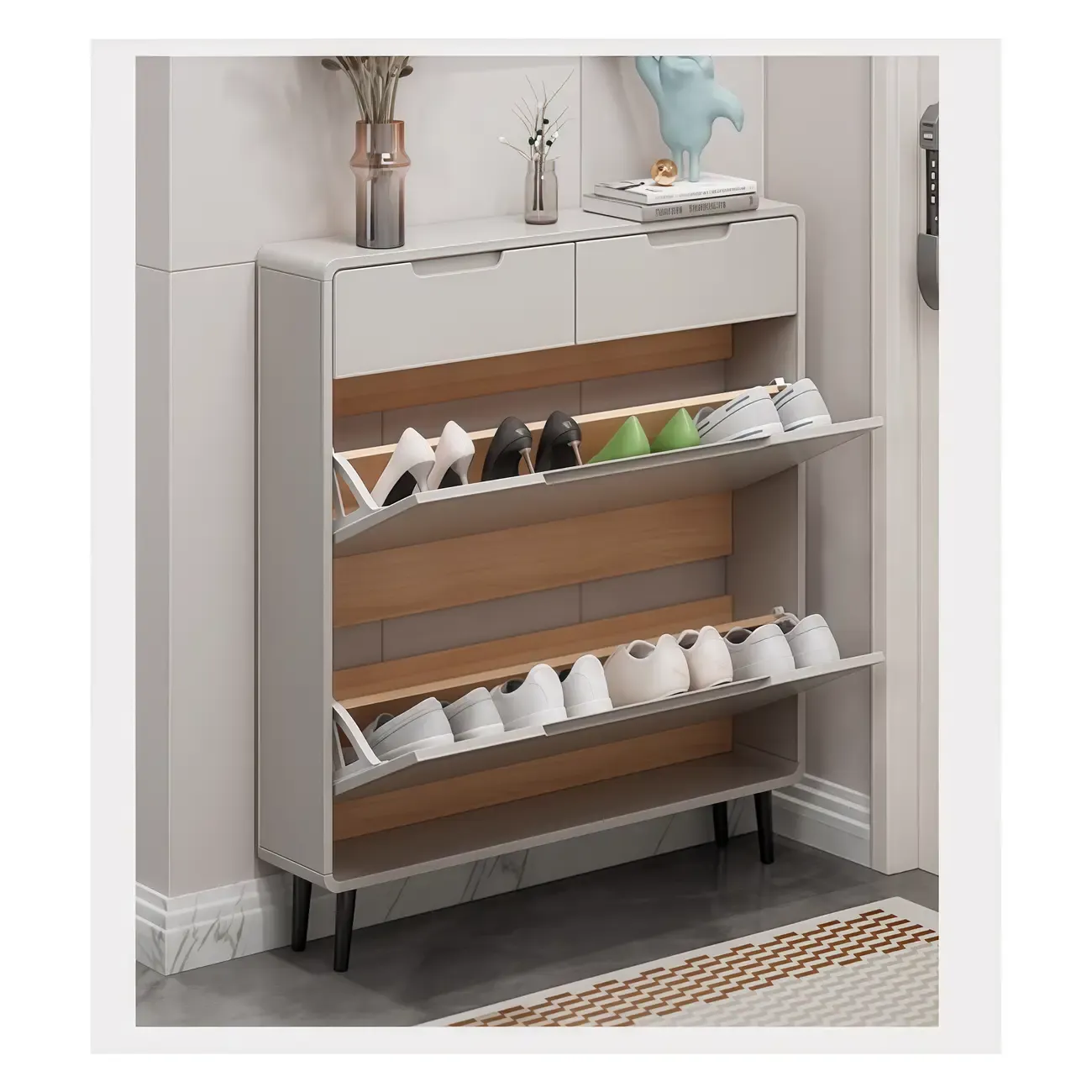 Drop-Front Beige Wood Entryway Shoe Cabinet with 2-Drawer Image - 3