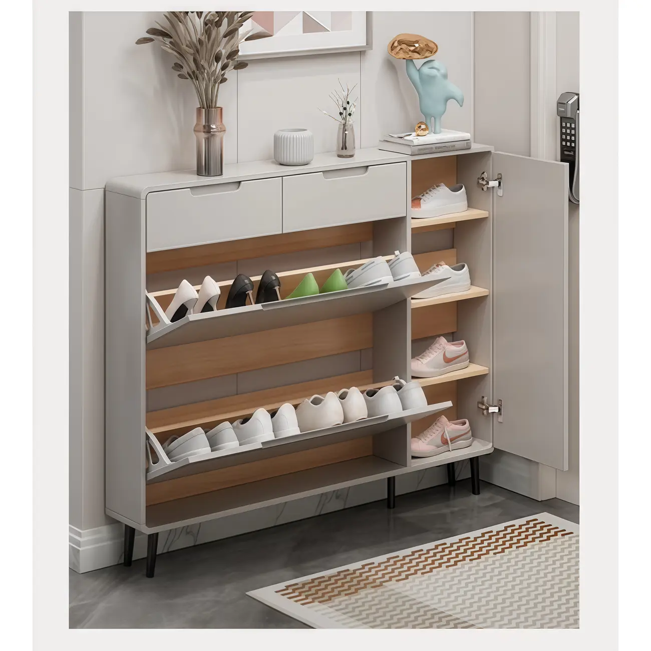 Drop-Front Beige Wood Entryway Shoe Cabinet with 2-Drawer Image - 4 | homeyfad