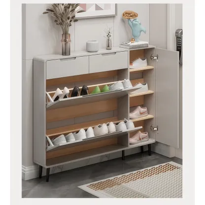 Drop-Front Beige Wood Entryway Shoe Cabinet with 2-Drawer Image - 4