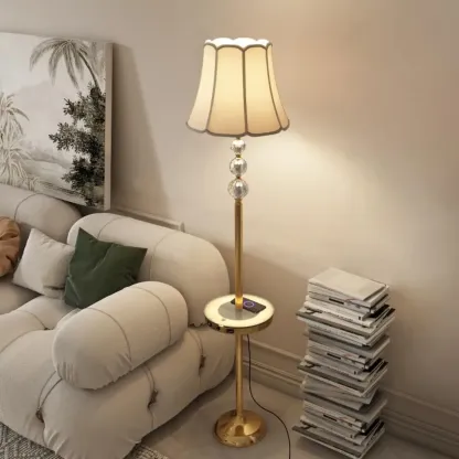 Modern Gold Floor Lamp with Flower Shade and Shelf Image - 1