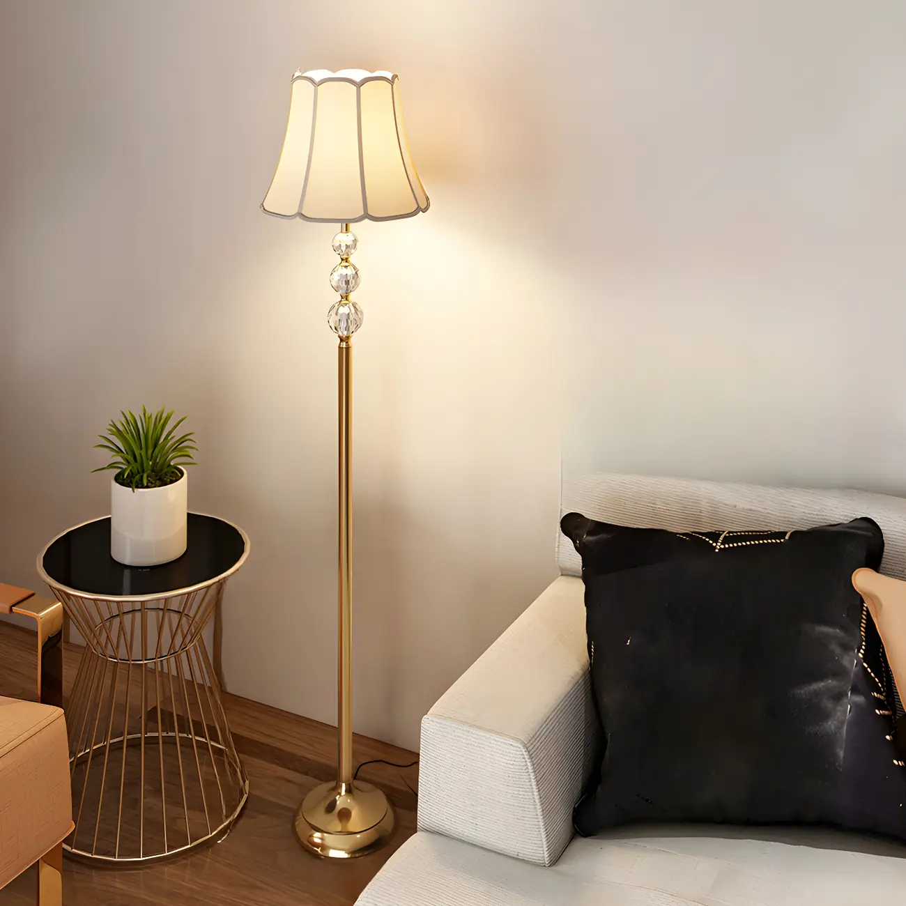 Modern Gold Floor Lamp with Flower Shade and Shelf Image - 3 | homeyfad