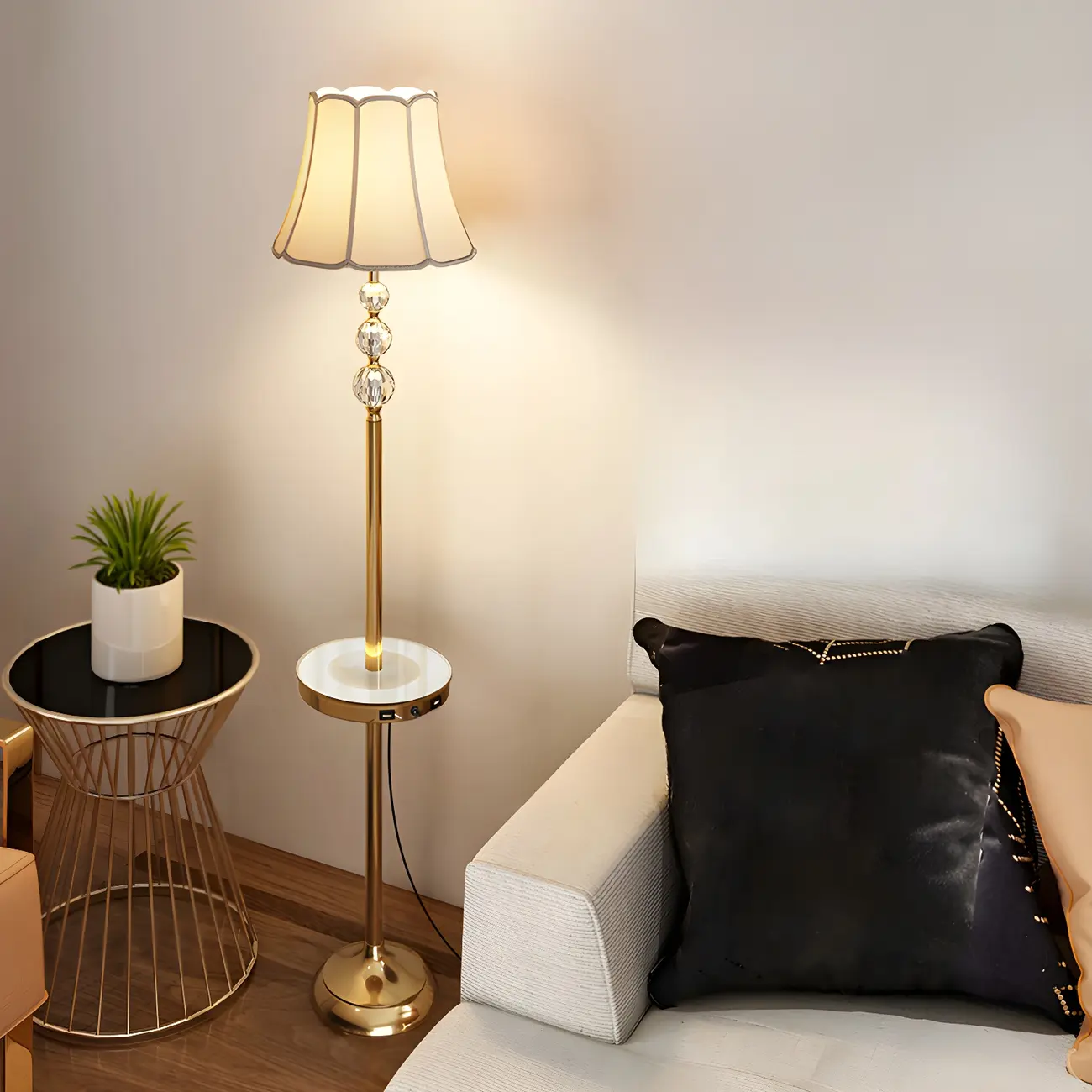 Modern Gold Floor Lamp with Flower Shade and Shelf Image - 6 | homeyfad