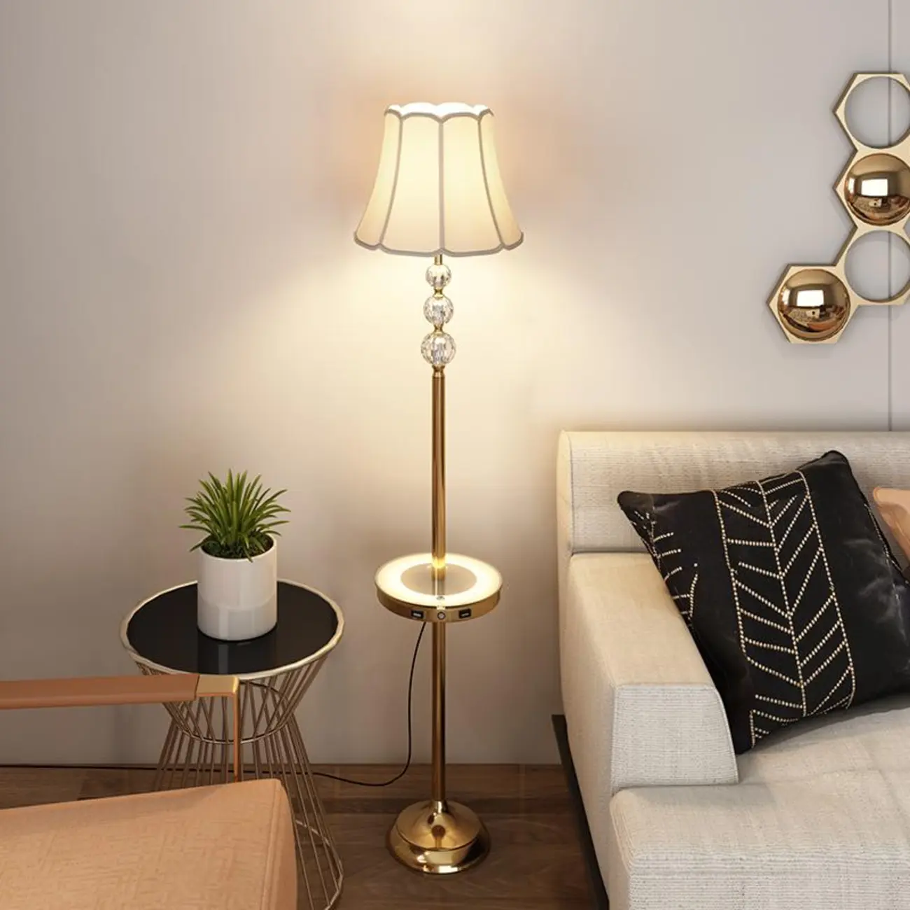 Modern Gold Floor Lamp with Flower Shade and Shelf Image - 7 | homeyfad