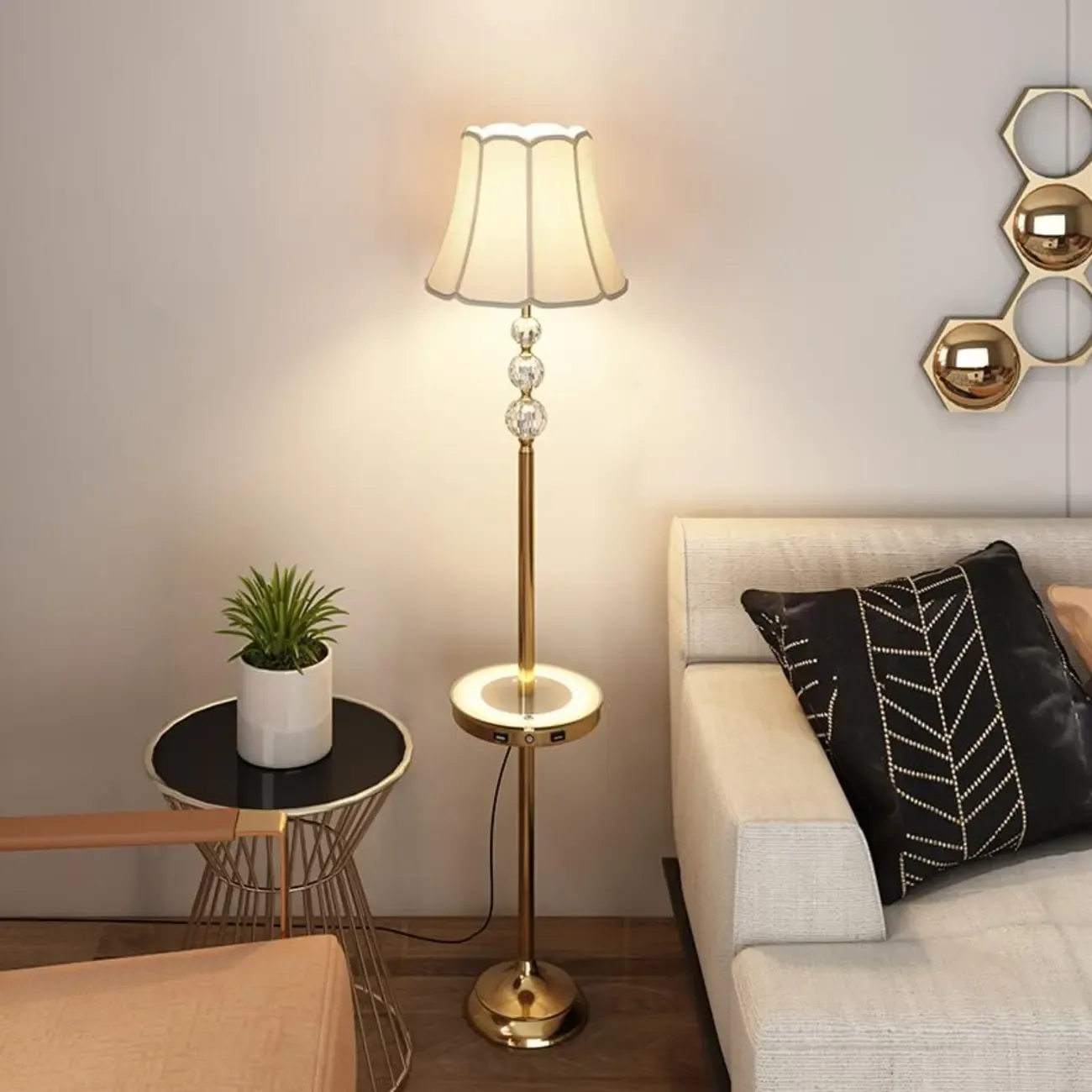Modern Gold Floor Lamp with Flower Shade and Shelf Image - 7
