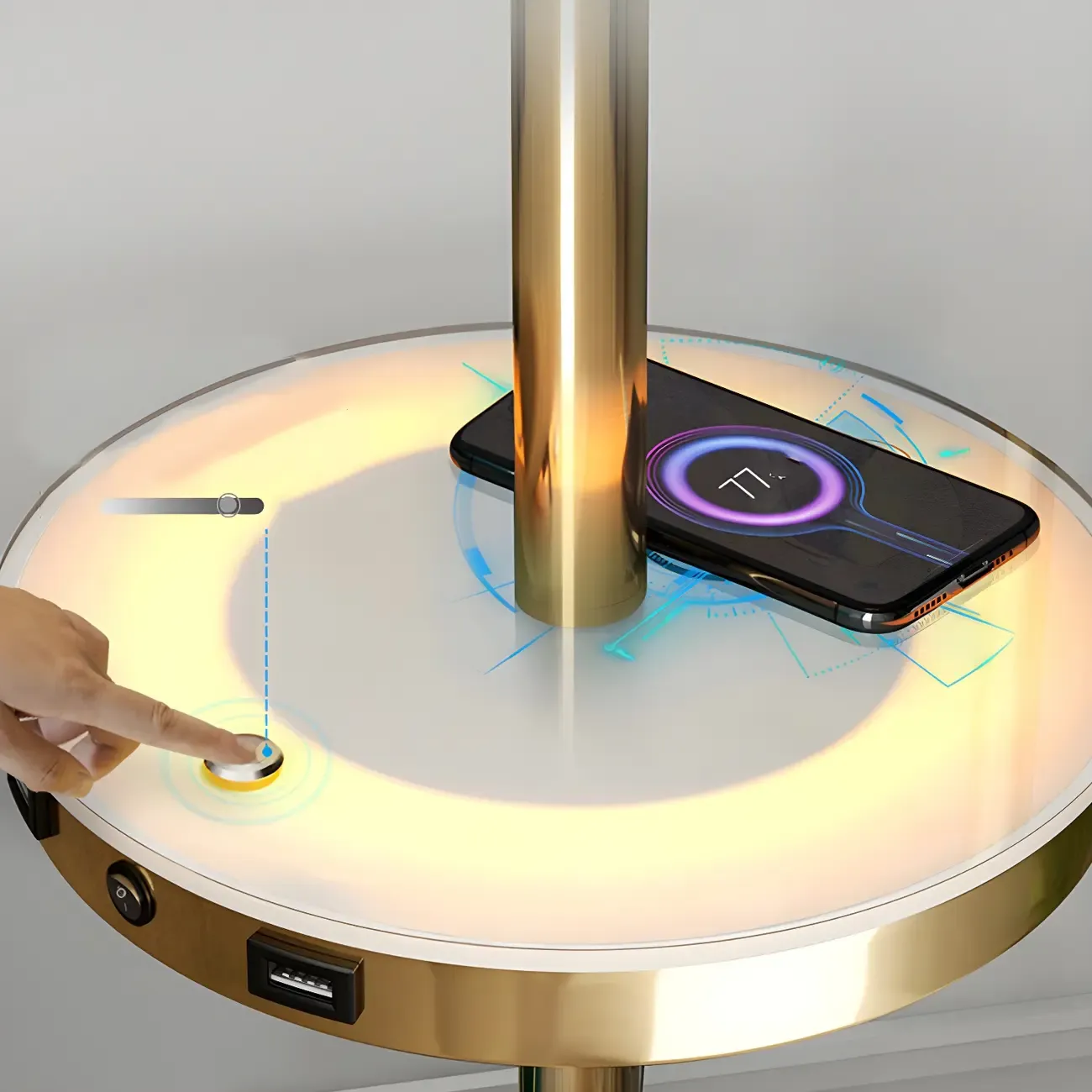 Modern Gold Floor Lamp with Flower Shade and Shelf Image - 10