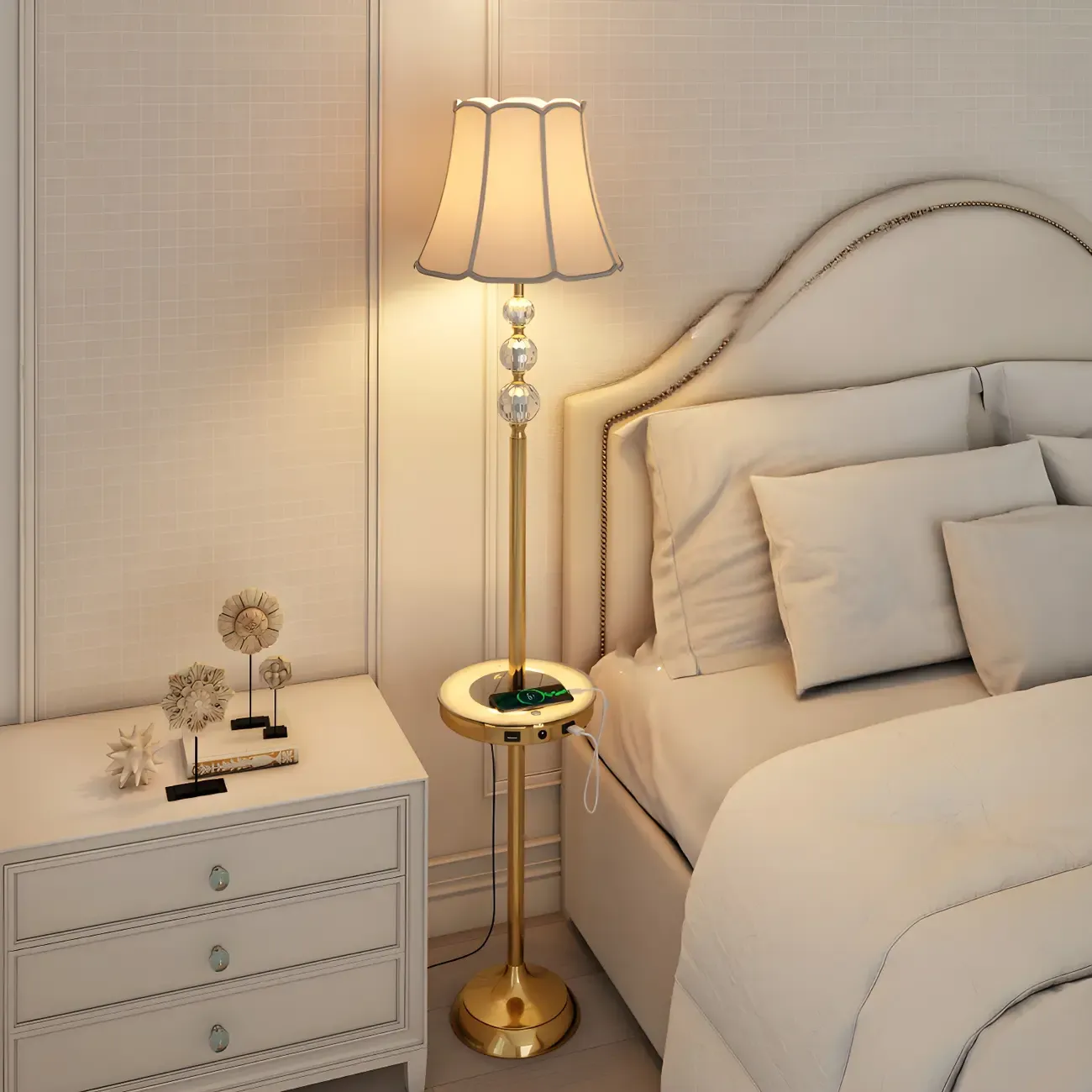 Modern Gold Floor Lamp with Flower Shade and Shelf Image - 2