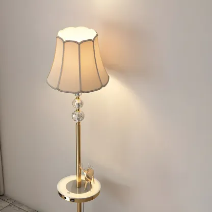 Modern Gold Floor Lamp with Flower Shade and Shelf Image - 5