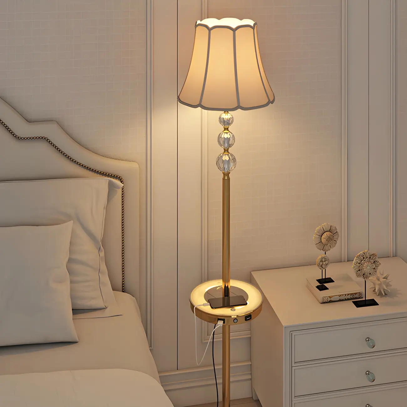 Modern Gold Floor Lamp with Flower Shade and Shelf Image - 12 | homeyfad