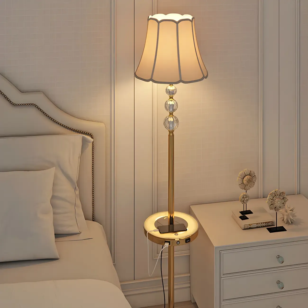 Modern Gold Floor Lamp with Flower Shade and Shelf Image - 12