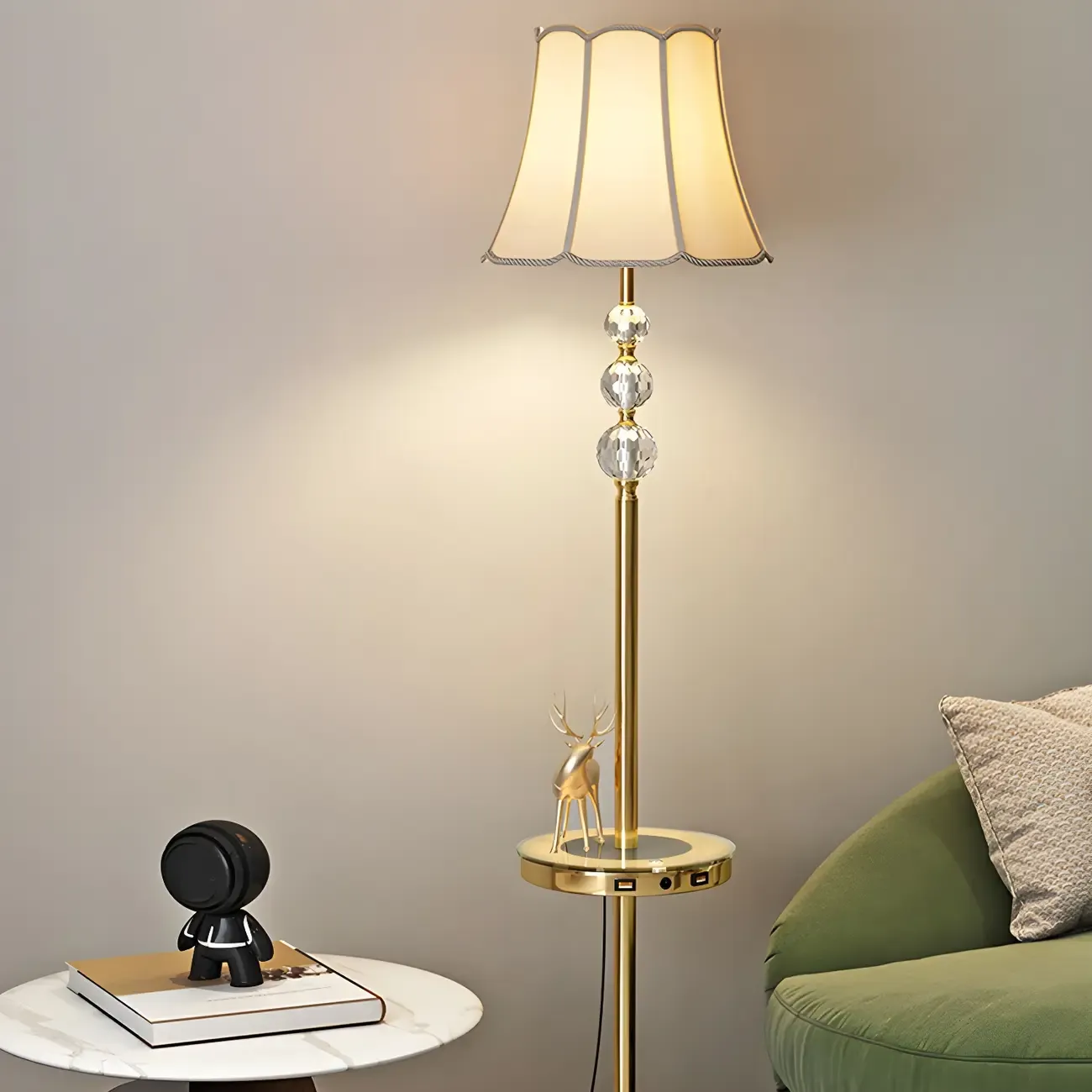 Modern Gold Floor Lamp with Flower Shade and Shelf Image - 13
