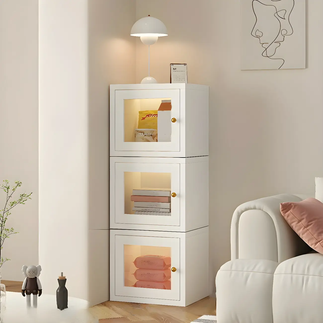 Modern Metal White Stackable Display Cabinet with Glass Door Image - 5 | homeyfad