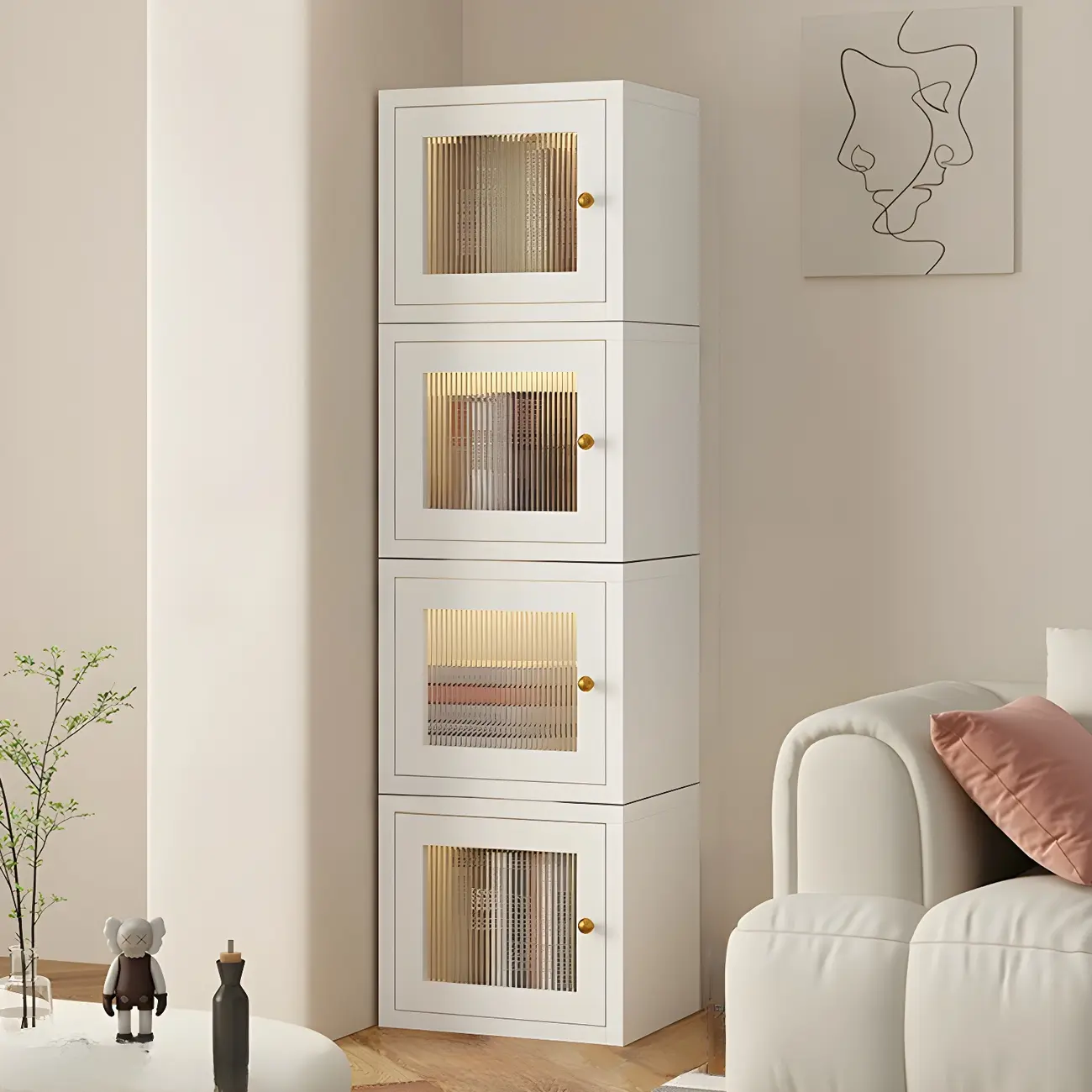 Modern Metal White Stackable Display Cabinet with Glass Door Image - 6 | homeyfad